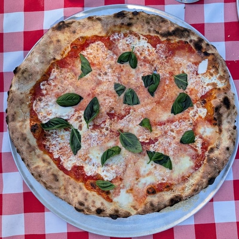 Margherita pizza with fresh basil and handmade mozzarella on a checkered tablecloth