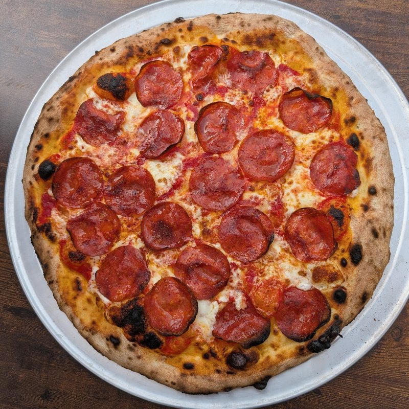Pepperoni pizza with Salumeria Biellese pepperoni, handmade mozzarella, and a charred crust